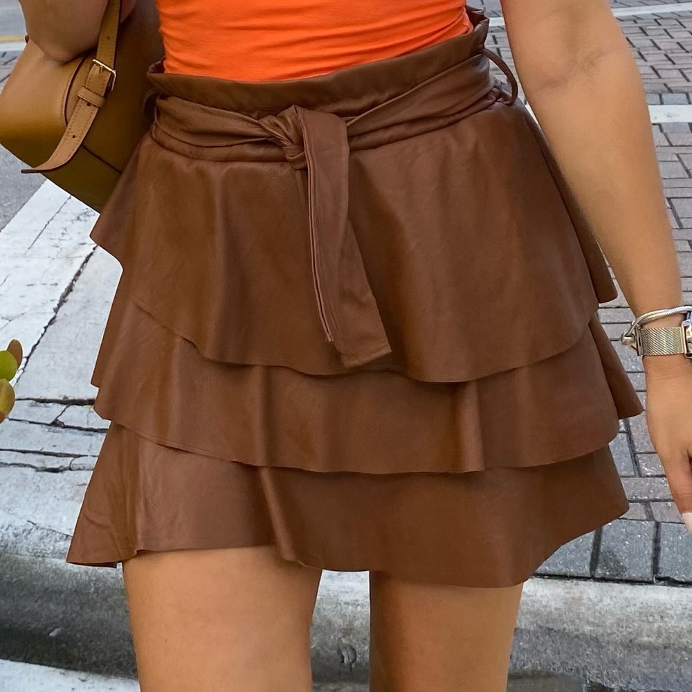 Brown Faux Leather Tiered Mini Skirt – NWT – Sizes S, M, L